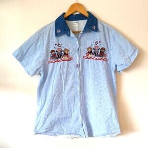 Vintage Embroidered America Cats Button Up Striped Shirt